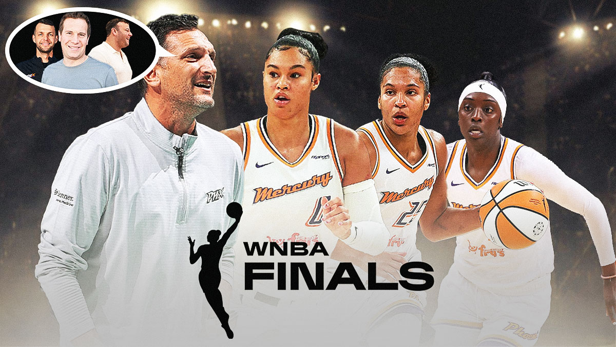 Nate Tibbetts smiling, with a thought bubble of Phoenix Mercury owner Mat Ishbia, Josh Bartelstein, and Nick U'Ren, all smiling. Next to Tibbetts, there are images of Satou Sabally, Alyssa Thomas, and Kahleah Copper. Lastly, there is a stamp mark that says "2025 WNBA Finals" across the bottom of the image.