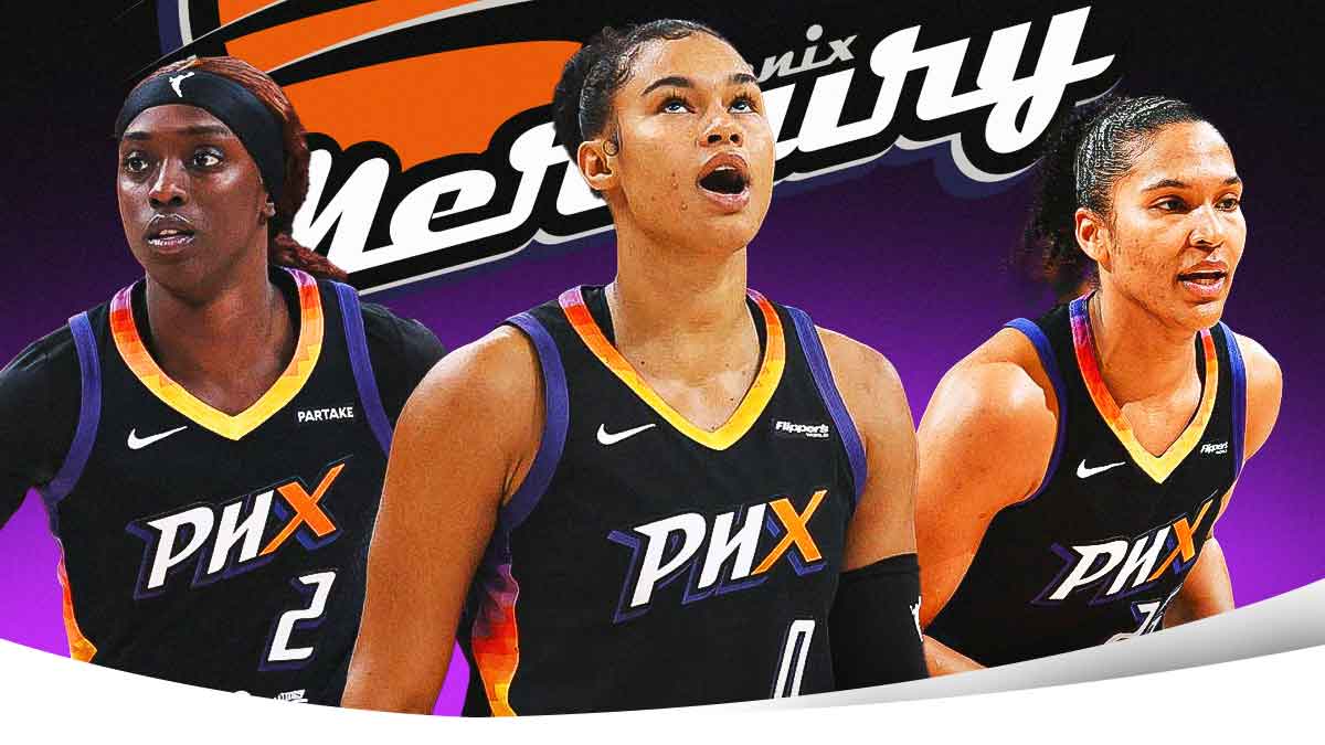 Phoenix Mercury forward Satou Sabally looking hyped, with Kahleah Copper and Alyssa Thomas also looking hyped. There's a Mercury logo in the background with fire surrounding it.