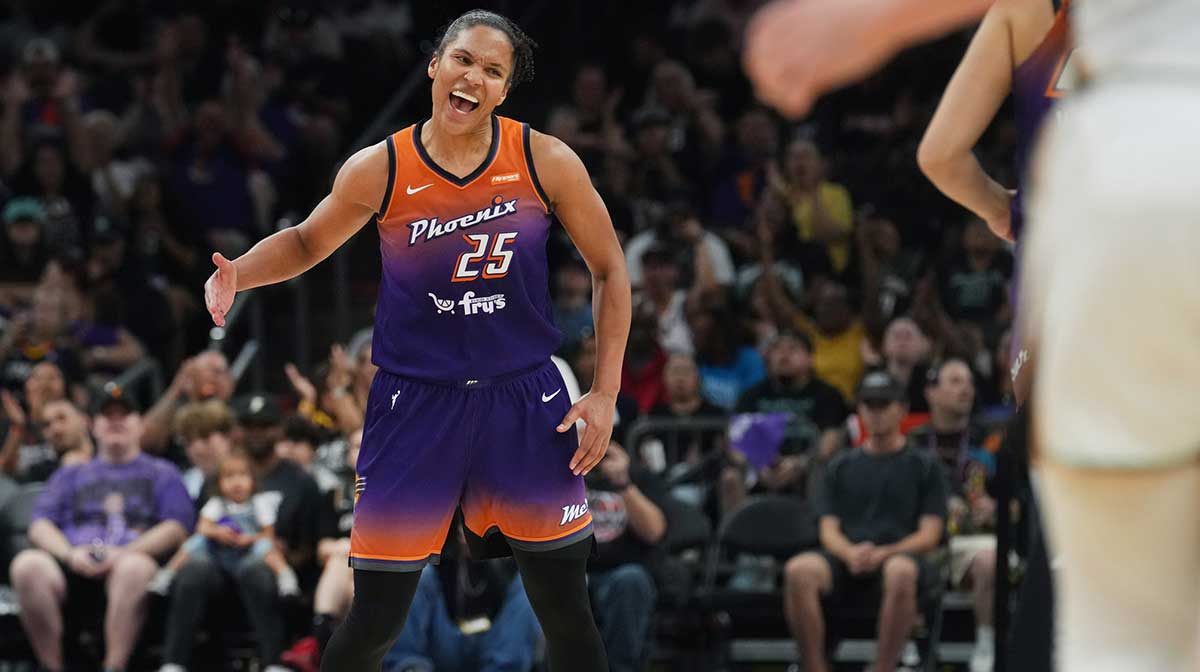 Mercury forward Alyssa Thomas (25) celebrates her assist against the New York Liberty at PHX Arena, Aug. 30, 2025, in Phoenix.