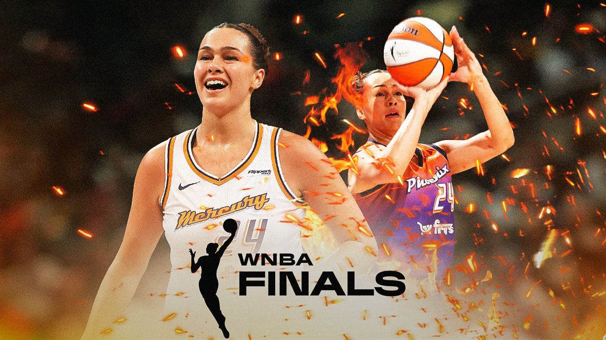 Kathryn Westbeld screaming in a Phoenix Mercury jersey. There's also a photo of Westbeld shooting a ball of fire, and the PHX Arena in the background.