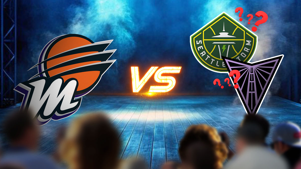 The Phoenix Mercury logo, with the letters VS to the right. After the VS to the right, there will be the Golden State Valkyries and Seattle Storm logos. There were also be question marks around the Valkyries and Storm logos.