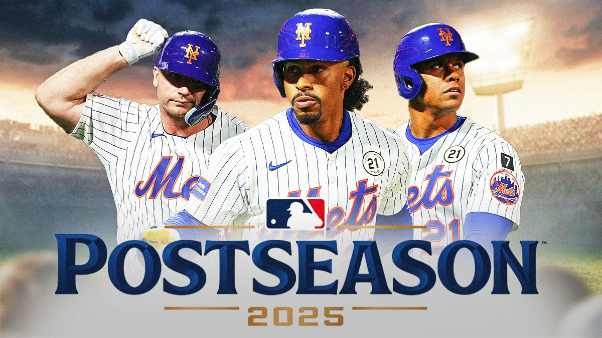 Mets' Francisco Lindor, Juan Soto, and Pete Alonso all looking serious, with 2025 MLB postseason logo beside them