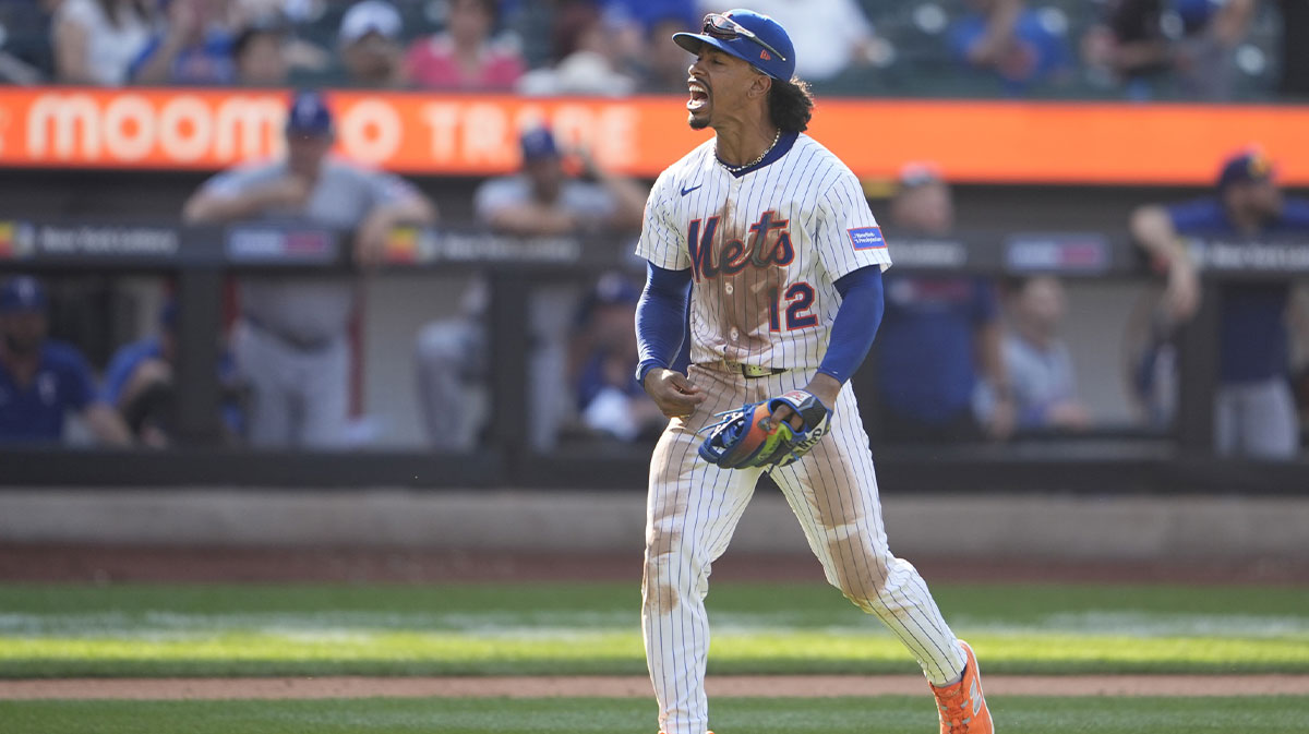 New York Mets shortstop Francisco Lindor (12) reacts to getting a double play during the ninth inning against the Texas Rangers at Citi Field.