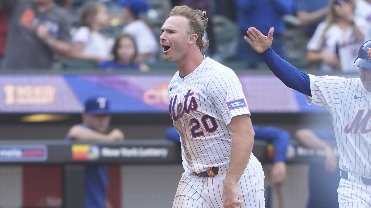 New York Mets first baseman Pete Alonso (20) reacts to hitting a walk off three run home run against the Texas Rangers during the tenth inning at Citi Field.