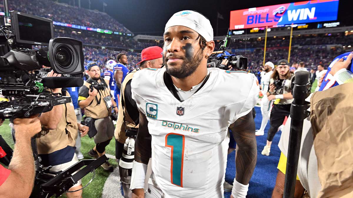 Miami Dolphins quarterback Tua Tagovailoa (1) looks on after the game against the Buffalo Bills at Highmark Stadium.