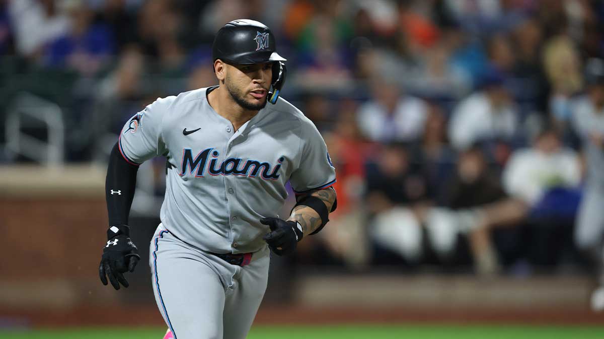 Miami Marlins catcher Agustin Ramirez (50) singles during the seventh inning against the New York Mets at Citi Field.