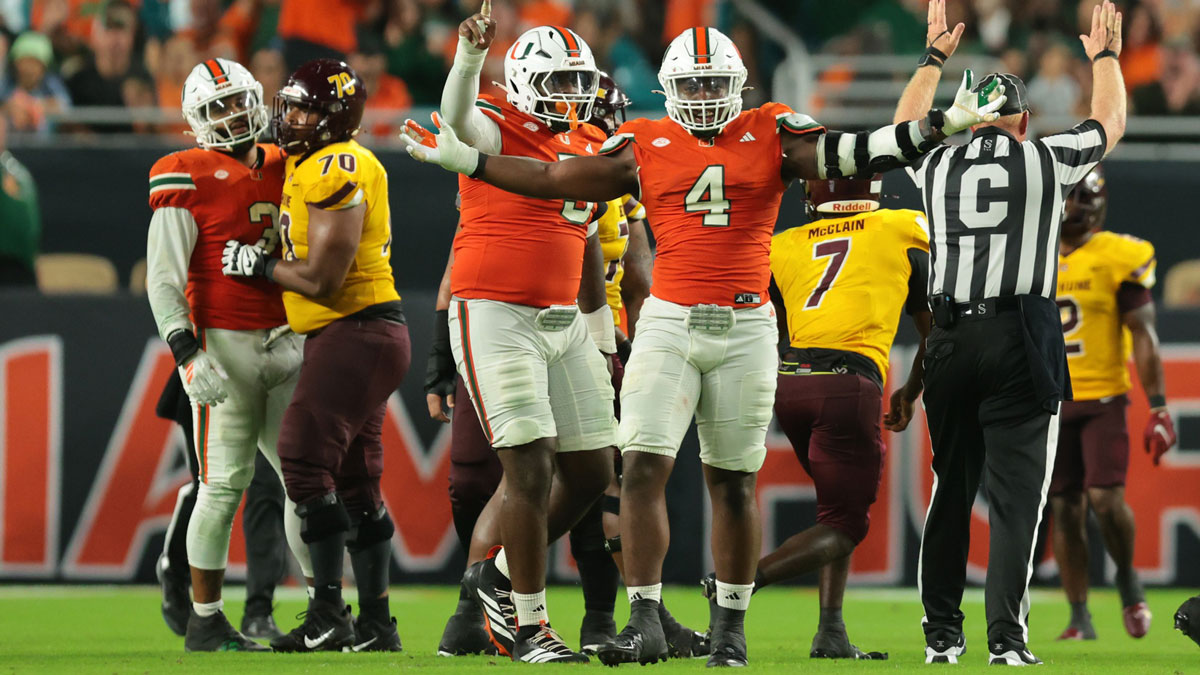 Miami Hurricanes defensive lineman Rueben Bain Jr. (4) reacts after a sack against the Bethune-Cookman Wildcats during the third quarter at Hard Rock Stadium. Mandatory Credit: Sam Navarro-Imagn Images