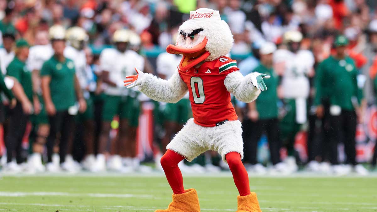 Miami Hurricanes mascot Sebastian entertains fans during a game against the South Florida Bulls in the first quarter at Hard Rock Stadium.