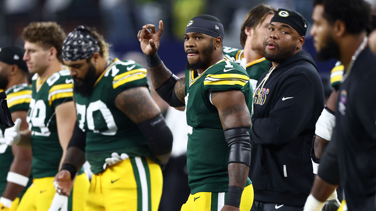 Green Bay Packers defensive end Micah Parsons (1) looks on in the first half against the Dallas Cowboys at AT&T Stadium.