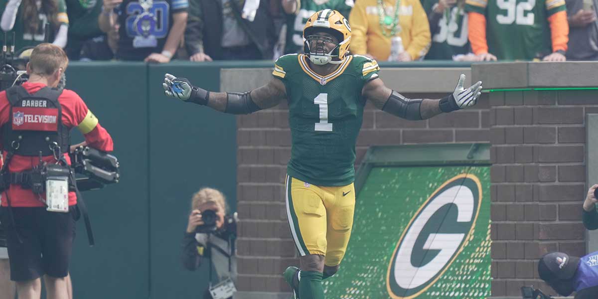 Green Bay Packers defensive end Micah Parsons (1) is introduced before their game against the Detroit Lions Sunday, September 7, 2025 at Lambeau Field in Green Bay, Wisconsin.