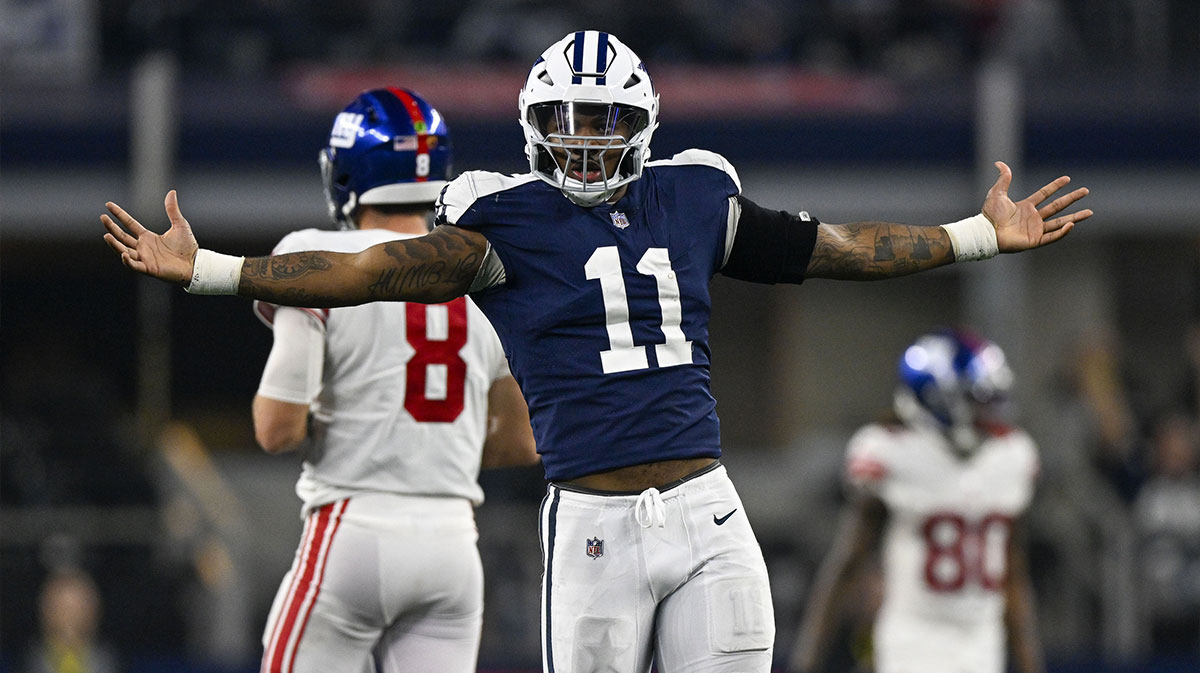 Dallas Cowboys linebacker Micah Parsons (11) celebrates after he sacks New York Giants quarterback Daniel Jones (8) during the game between the Dallas Cowboys and the New York Giants at AT&T Stadium.