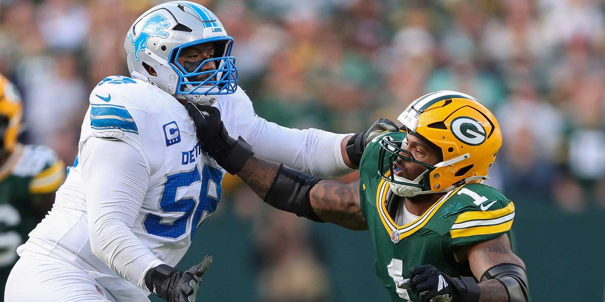 Green Bay Packers defensive end Micah Parsons (1) fights through a block by Detroit Lions offensive tackle Penei Sewell (58) on Sunday, September 7, 2025, at Lambeau Field in Green Bay, Wis. The Packers won the game, 27-13.