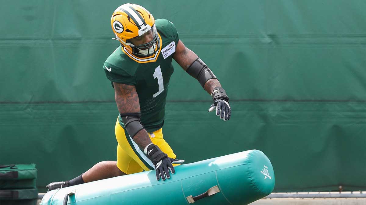 Green Bay Packers defensive end Micah Parsons (1) runs through a drill during practice on Wednesday, September 3, 2025, at Clarke Hinkle Field in Ashwaubenon, Wis.