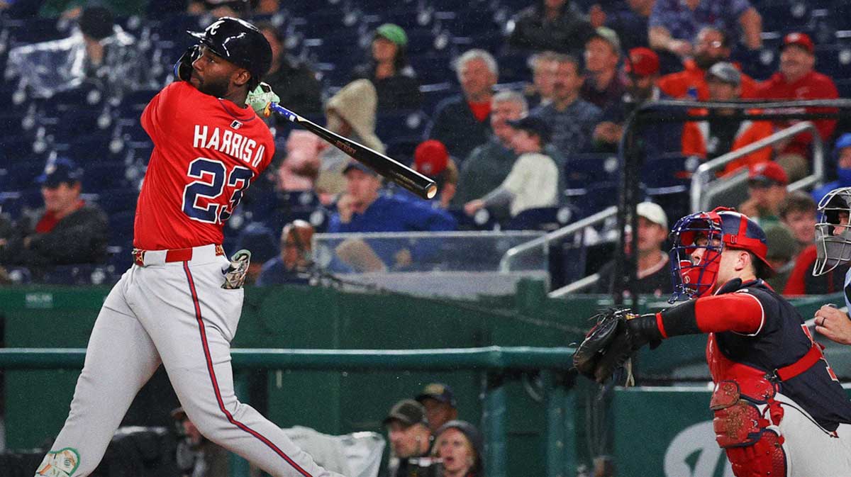Atlanta Braves outfielder Michael Harris II (23) hits a double against the Washington Nationals during the seventh inning at Nationals Park.