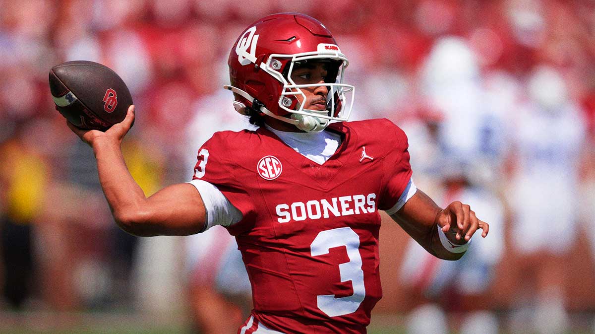 Oklahoma Sooners quarterback Michael Hawkins Jr. (3) warms up before a college football game between the University of Oklahoma Sooners (OU) and the Auburn Tigers at Gaylord Family Ð Oklahoma Memorial Stadium in Norman, Okla., Saturday, Sept. 20, 2025.