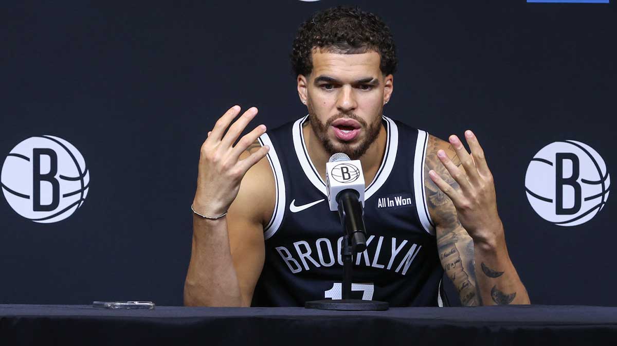 Sep 23, 2025; Brooklyn, NY, USA; Brooklyn Nets forward Michael Porter Jr. (17) speaks at Media Day. Mandatory Credit: Wendell Cruz-Imagn Images