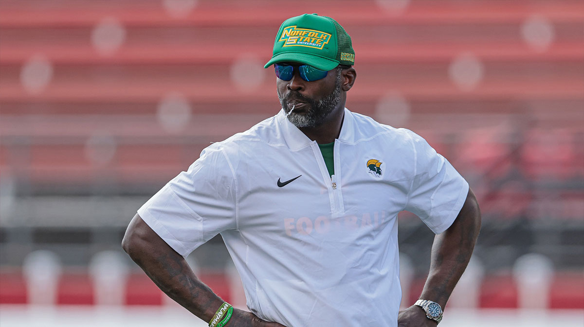 Sep 13, 2025; Piscataway, New Jersey, USA; Norfolk State Spartans head coach Michael Vick look up during the first half against the Rutgers Scarlet Knights at SHI Stadium