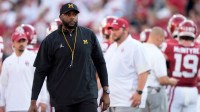Michigan head football coach Sherrone Moore is pictured before the college football game between the University of Oklahoma Sooner and the University of Michigan Wolverines at the Gaylord Family Ð Oklahoma Memorial Stadium in Norman, Okla.
