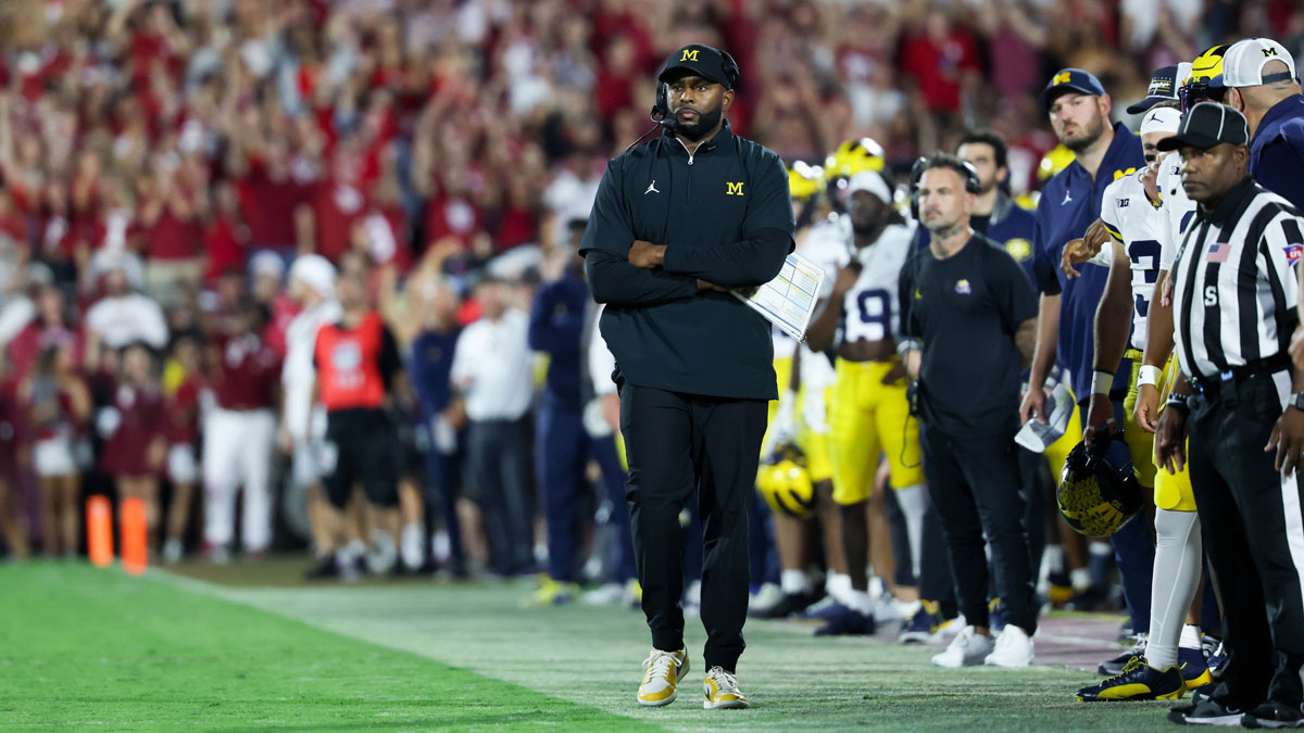 Michigan Wolverines head coach Sherrone Moore looks on during the second half against the Oklahoma Sooners at Gaylord Family-Oklahoma Memorial Stadium.