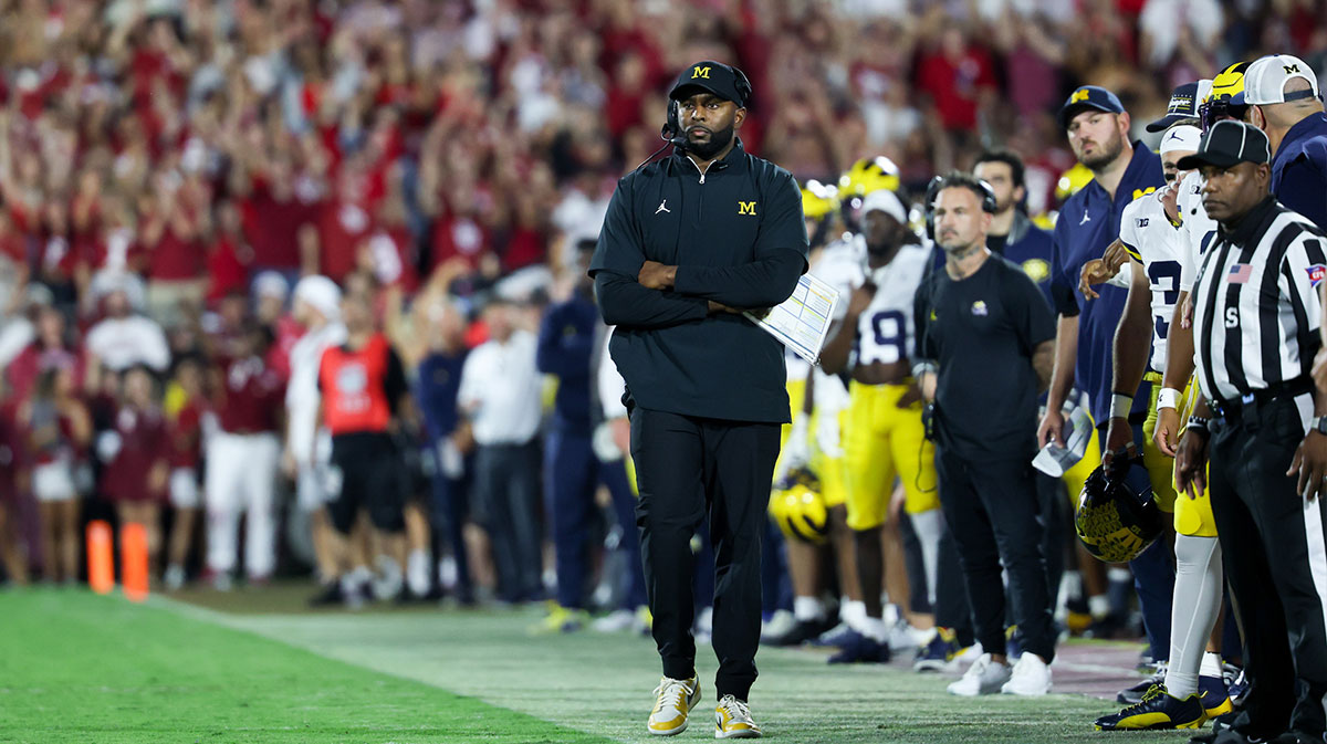 Michigan Wolverines head coach Sherrone Moore looks on during the second half against the Oklahoma Sooners at Gaylord Family-Oklahoma Memorial Stadium.