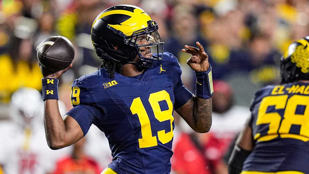 Michigan quarterback Bryce Underwood passes against New Mexico during the first half at Michigan Stadium in Ann Arbor on Saturday, August 30, 2025.