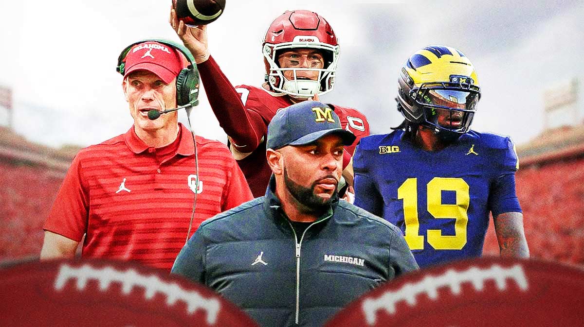 Michigan Oklahoma bold predictions, Michigan Oklahoma predictions, Michigan Oklahoma, Michigan football, Oklahoma football, Sherrone Moore (in team gear) and Bryce Underwood (in Michigan uni) on one side of the graphic, Brent Venables (in team gear) and John Mateer (in Oklahoma uni) on other side of the graphic, Oklahoma football stadium in the background