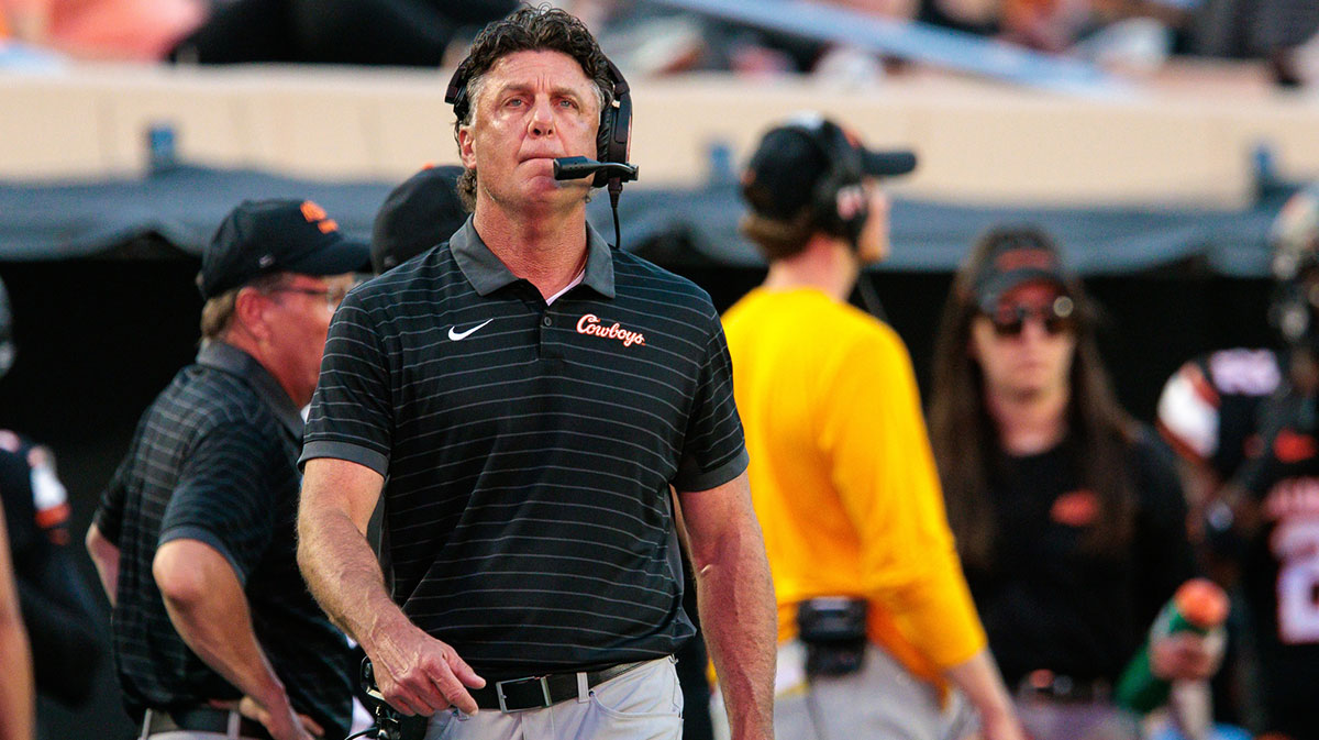 Oklahoma State Cowboys coach Mike Gundy on the sidelines during the first half against the Tulsa Golden Hurricane at Boone Pickens Stadium.