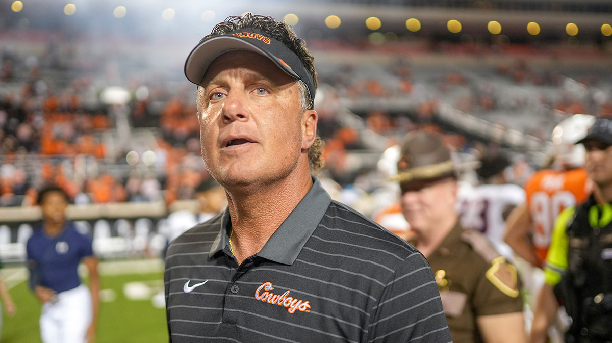 Oklahoma State head coach Mike Gundy walks off the field after an NCAA football game between Oklahoma State (OSU) and UT Martin in Stillwater, Okla., on Thursday, Aug. 28, 2025.