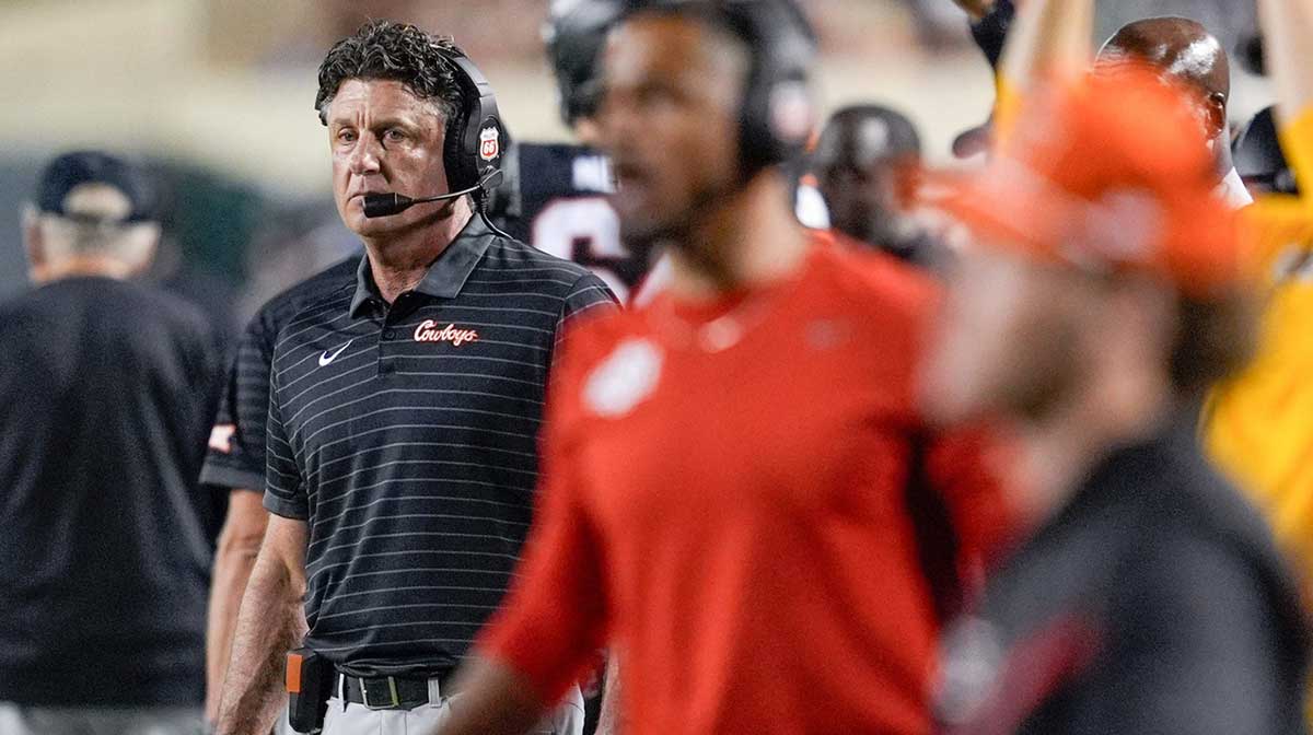 Oklahoma State head coach Mike Gundy stands on the sidelines in the third quarter during an NCAA football game between Oklahoma State (OSU) and Tulsa at Boone Pickens Stadium