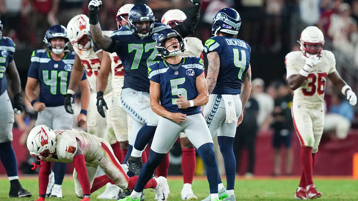 Sep 25, 2025; Glendale, Arizona, USA; Seattle Seahawks place kicker Jason Myers (5) celebrates after kicking a game-winning field goal against the Arizona Cardinals at State Farm Stadium. Mandatory Credit: Joe Camporeale-Imagn Images