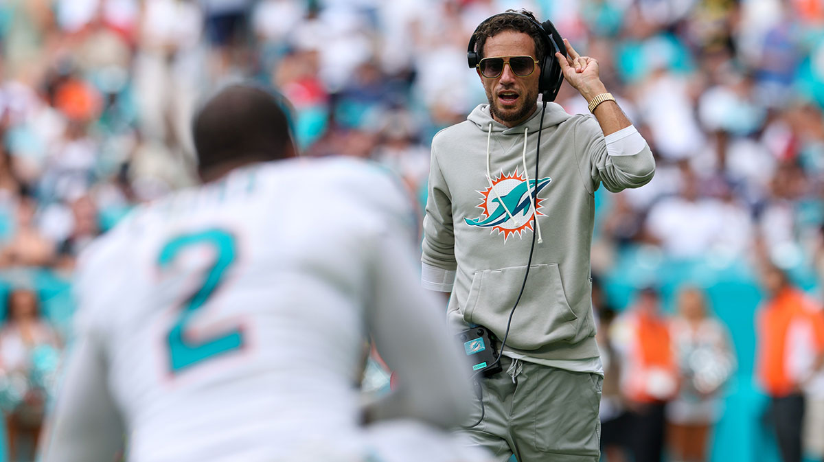 Miami Dolphins head coach Mike McDaniel looks on against the New England Patriots in the fourth quarter at Hard Rock Stadium.