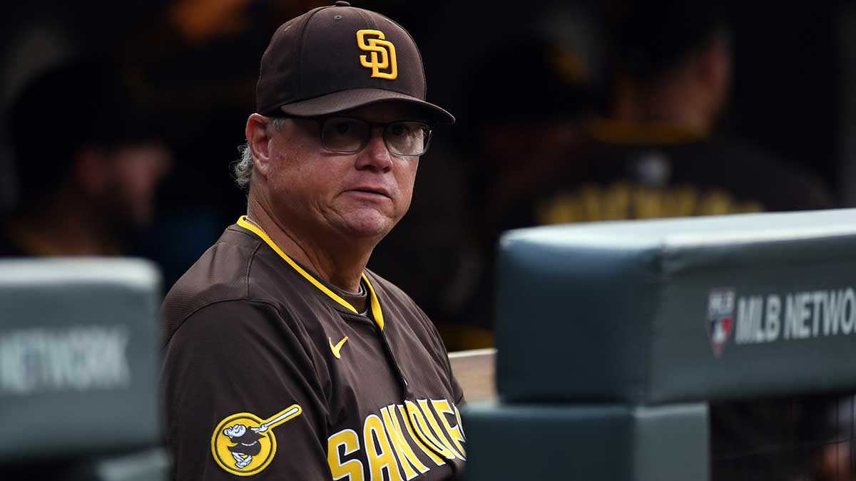 San Diego Padres manager Mike Shildt (8) looks on from the bench before the game against the Colorado Rockies at Coors Field.