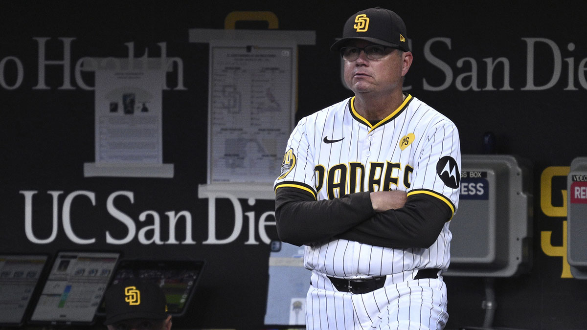 San Diego Padres manager Mike Schildt (8) looks on from the dugout during the first inning against the St. Louis Cardinals at Petco Park.