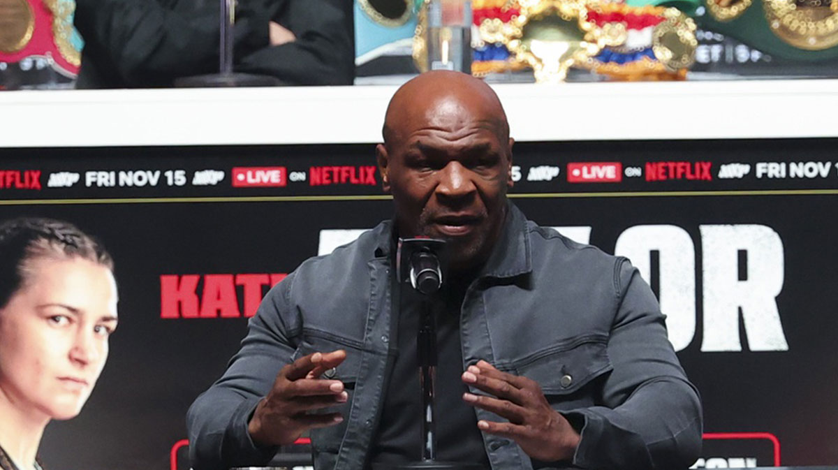 Mike Tyson speaks to the media about his upcoming fight with Jake Paul at The Pavilion at Toyota Music Factory.