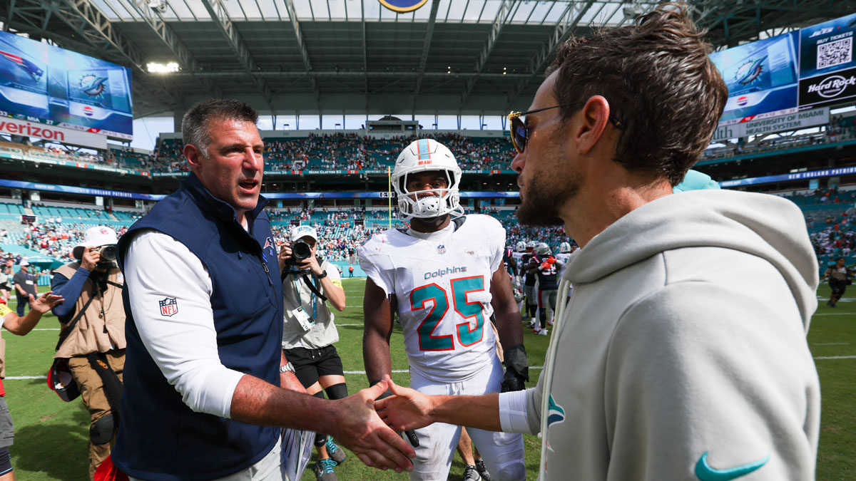 New England Patriots head coach Mike Vrabel greets Miami Dolphins head coach Mike McDaniel after a game at Hard Rock Stadium.