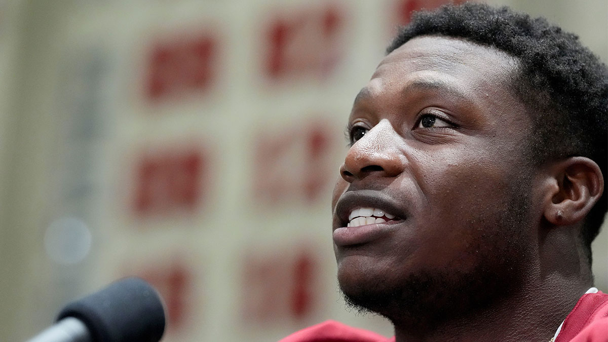 Aug. 4, 2025; Tuscaloosa, AL, USA; Alabama Crimson Tide players and coaches participate in a media day with reporters and fans at the Hank Crisp Indoor Practice Facility. Running back Jam Miller speaks to members of the media.