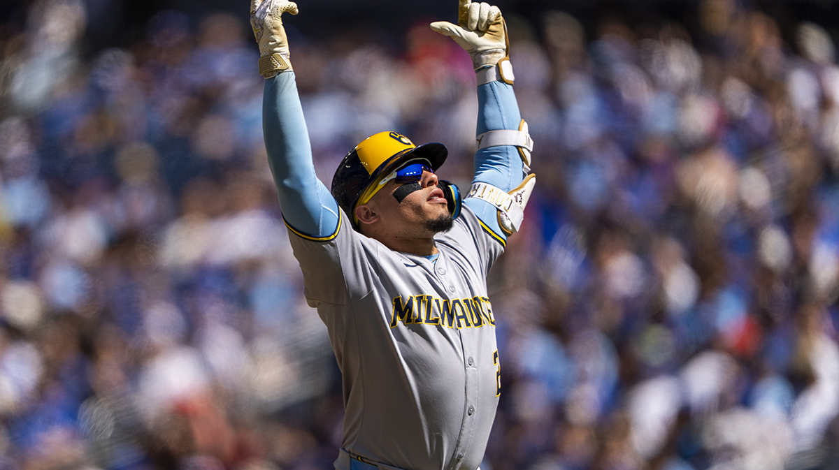 Milwaukee Brewers catcher William Contreras (24) runs toward third base after hitting a home run against the Toronto Blue Jays during the first inning at Rogers Centre.