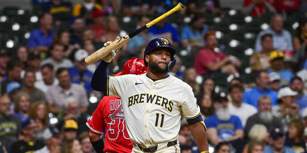 Milwaukee Brewers left fielder Jackson Chourio (11) reacts after striking out in the fifth inning against the Los Angeles Angels at American Family Field.