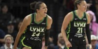 Minnesota Lynx forward Napheesa Collier (24) celebrates making a three point shot against the Golden State Valkyries in the first half at Target Center.