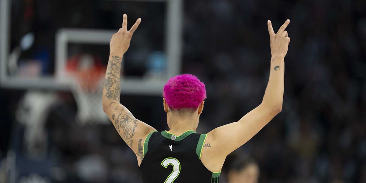 Minnesota Lynx guard Natisha Hiedeman (2) celebrates making a shot against the Golden State Valkyries in the second half during game one of round one for the 2025 WNBA Playoffs at Target Center.