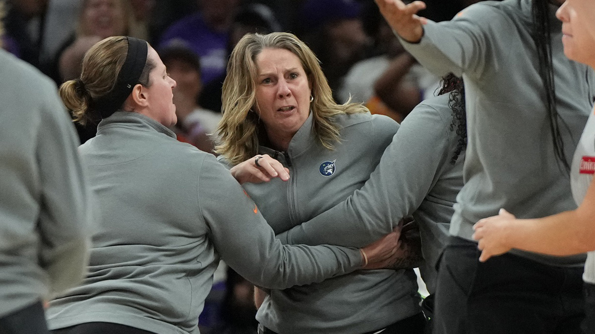 Minnesota Lynx head coach Cheryl Reeve is held back after being ejected during game three against the Phoenix Mercury of the second round for the 2025 WNBA Playoffs at PHX Arena.
