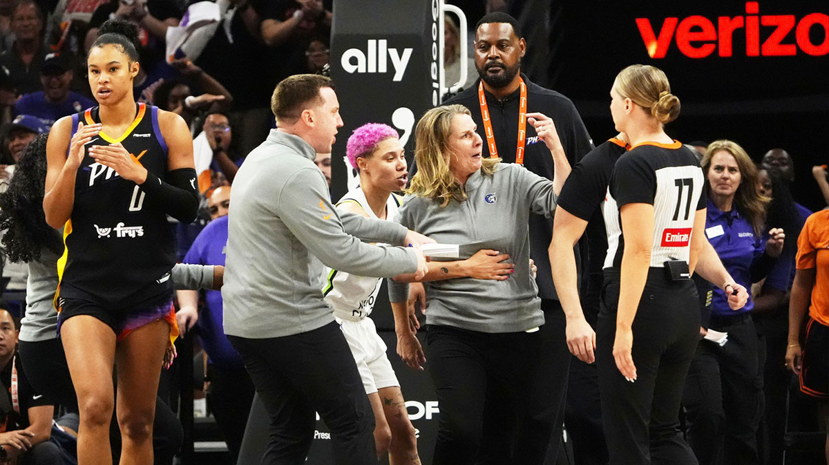 Minnesota Lynx head coach Cheryl Reeve reacts after being ejected from the game during their 84-76 loss to the Phoenix Mercury during Game 3 of WNBA semifinals at PHX Arena on Sept. 26, 2025.