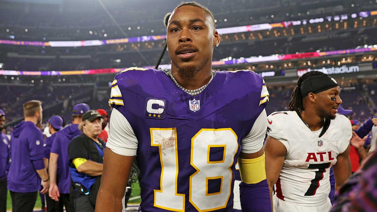 Minnesota Vikings wide receiver Justin Jefferson (18) reacts after the game against Atlanta Falcons at U.S. Bank Stadium.