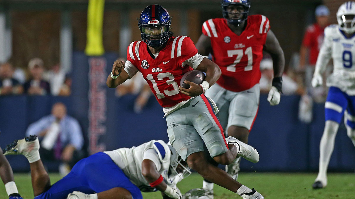 Oxford, Mississippi, USA; Mississippi Rebels quarterback Austin Simmons (13) runs the ball during the second quarter against the Georgia State Panthers at Vaught-Hemingway Stadium