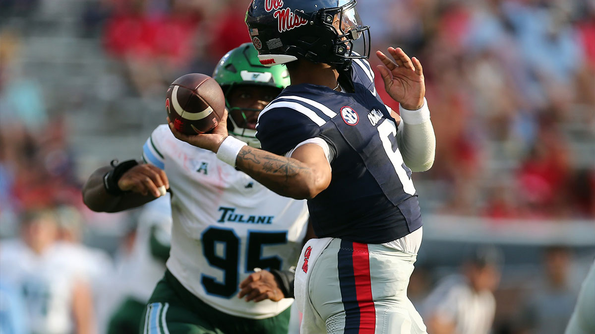 Mississippi Rebels quarterback Trinidad Chambliss (6) passes the ball during the fourth quarter against the Tulane Green Wave at Vaught-Hemingway Stadium.