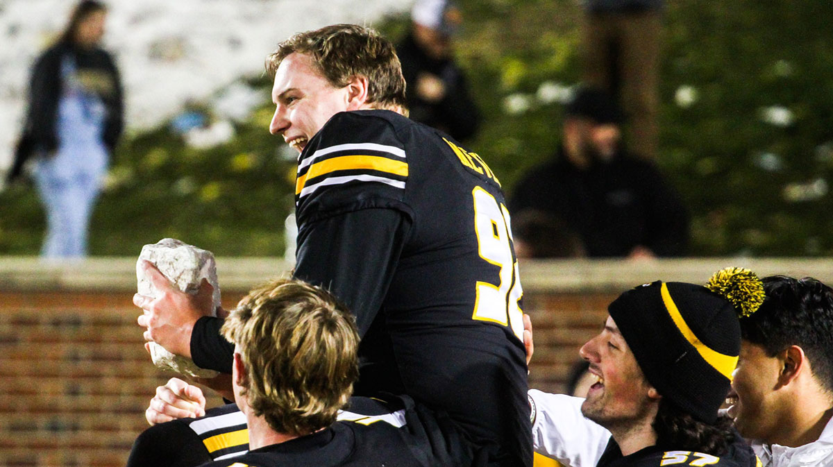 Missouri kicker Harrison Mevis is carried off Faurot Field with his rock from the north end zone after a college football game at Memorial Stadium on Nov. 18, 2023, in Columbia, Mo.