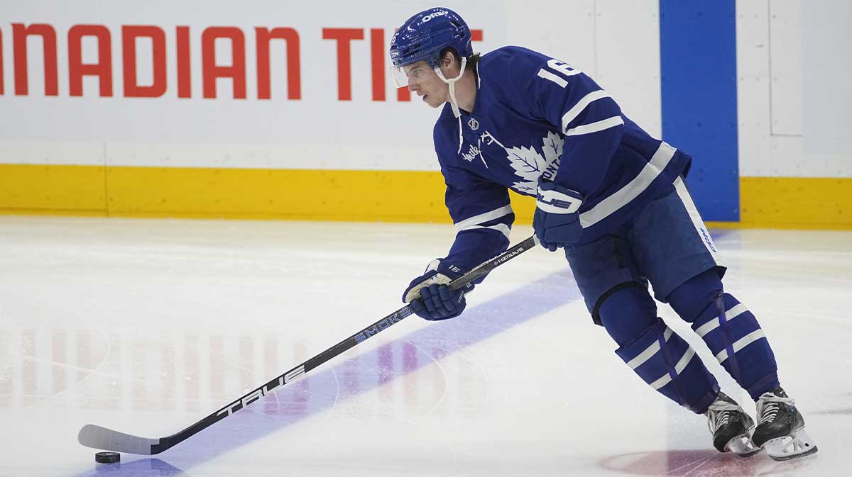 Toronto Maple Leafs forward Mitch Marner (16) skates with the puck before game one of the second round of the 2025 Stanley Cup Playoffs against the Florida Panthers at Scotiabank Arena.
