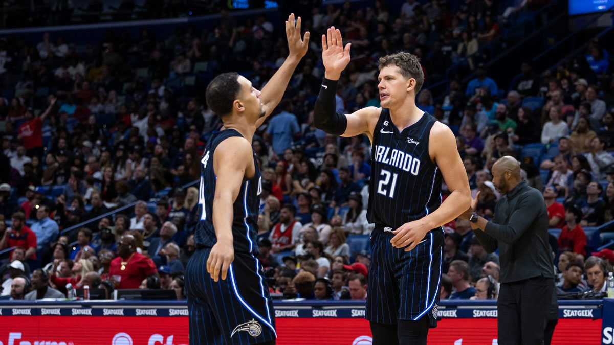 Orlando Magic center Moritz Wagner (21) congratulates guard Jalen Suggs (4) after a play against the New Orleans Pelicans during the second half at Smoothie King Center.