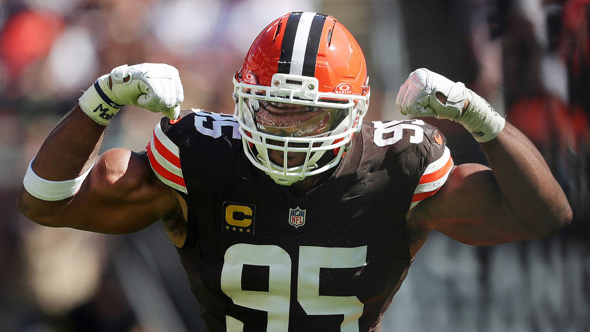Cleveland Browns defensive end Myles Garrett celebrates after sacking Cincinnati Bengals quarterback Joe Burrow on Sept. 7, 2025, in Cleveland.