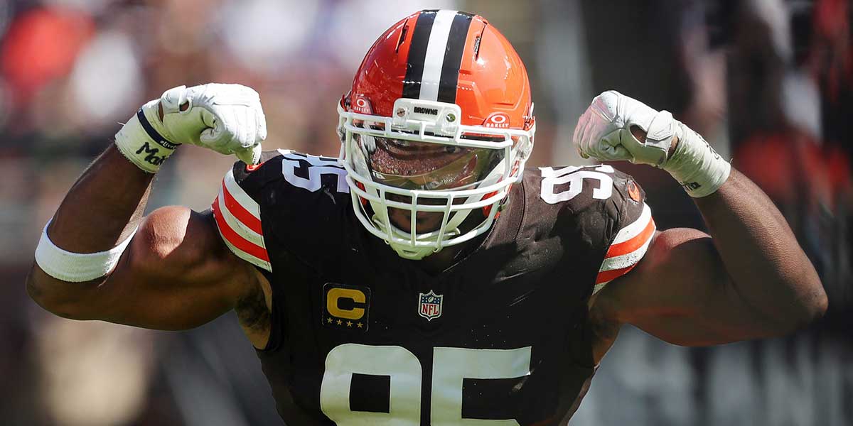 Cleveland Browns defensive end Myles Garrett celebrates after sacking Cincinnati Bengals quarterback Joe Burrow